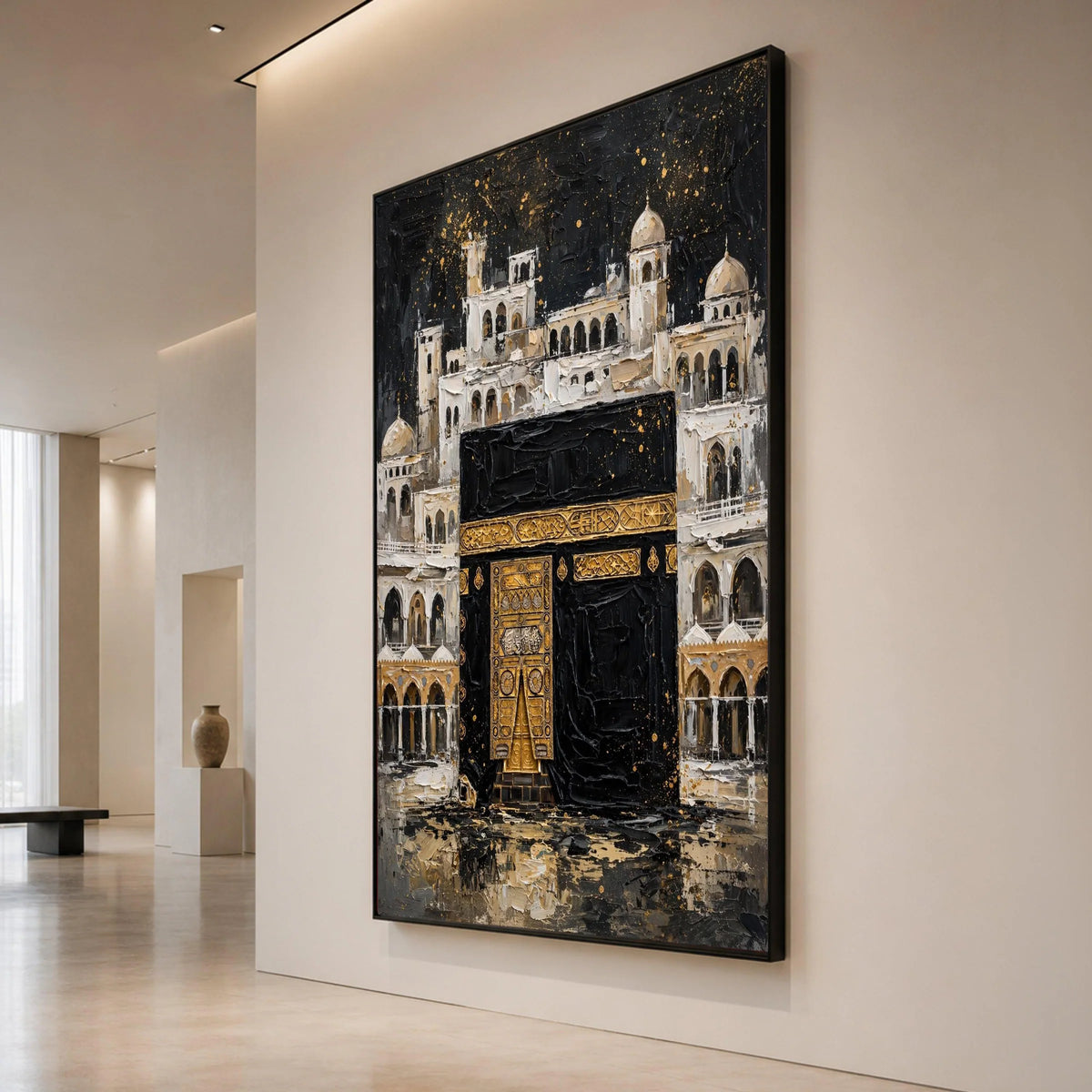 Sacred Kaaba Painting Canvas, Islamic Architecture Wall Art, Religious Home Décor, Spiritual Mosque Scene, Elegant Gold and Canvas Print Art