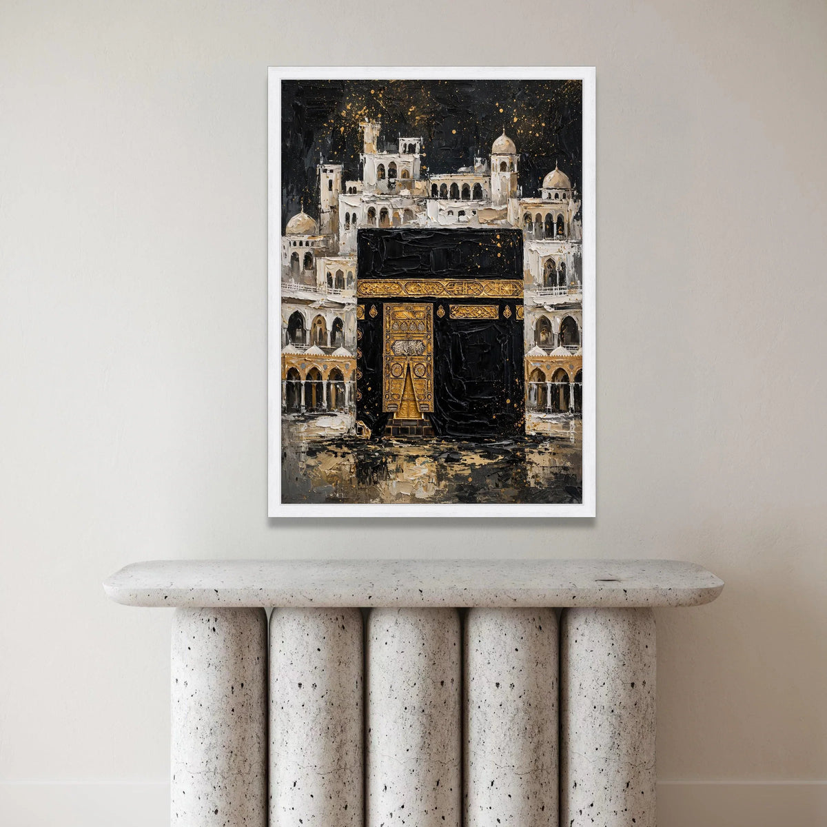 Sacred Kaaba Painting Canvas, Islamic Architecture Wall Art, Religious Home Décor, Spiritual Mosque Scene, Elegant Gold and Canvas Print Art