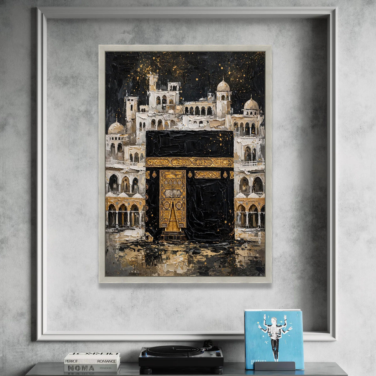 Sacred Kaaba Painting Canvas, Islamic Architecture Wall Art, Religious Home Décor, Spiritual Mosque Scene, Elegant Gold and Canvas Print Art
