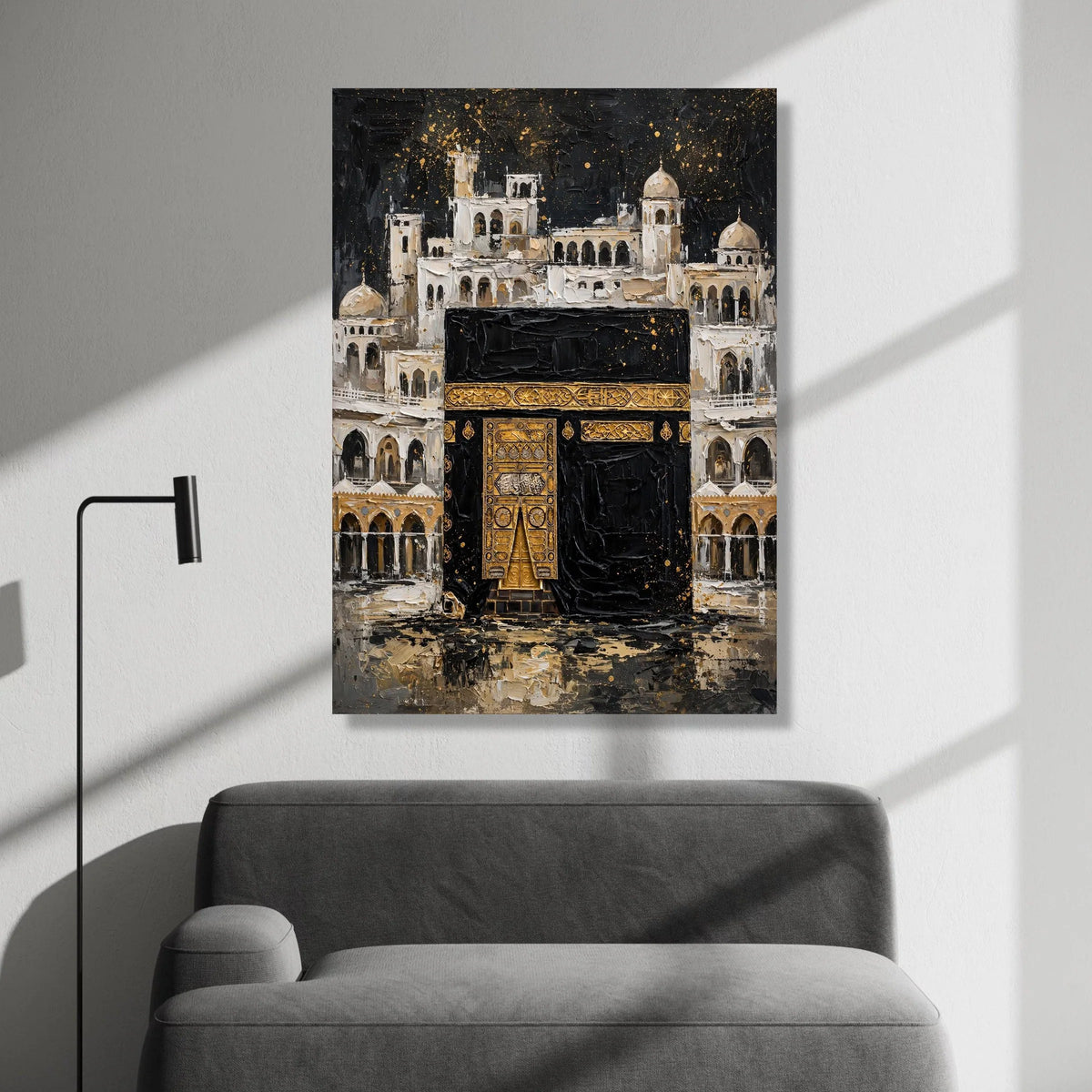 Sacred Kaaba Painting Canvas, Islamic Architecture Wall Art, Religious Home Décor, Spiritual Mosque Scene, Elegant Gold and Canvas Print Art