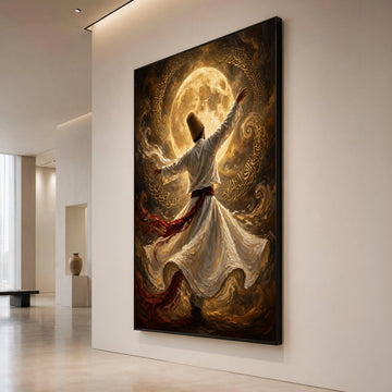 Whirling Dervish Dance Canvas, Spiritual Sufi Art, Mystical Moonlight Scene, Islamic Calligraphy Wall Art, Ethereal Home Canvas Print Art