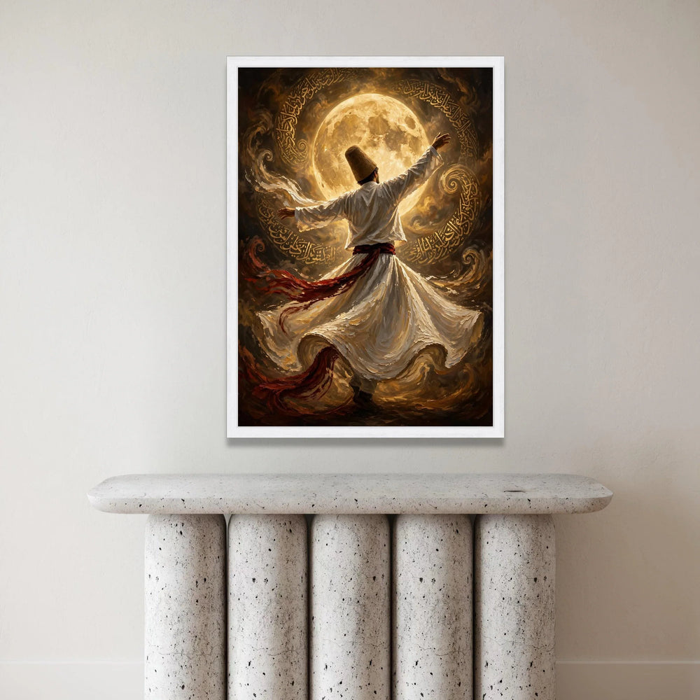 Whirling Dervish Dance Canvas, Spiritual Sufi Art, Mystical Moonlight Scene, Islamic Calligraphy Wall Art, Ethereal Home Canvas Print Art