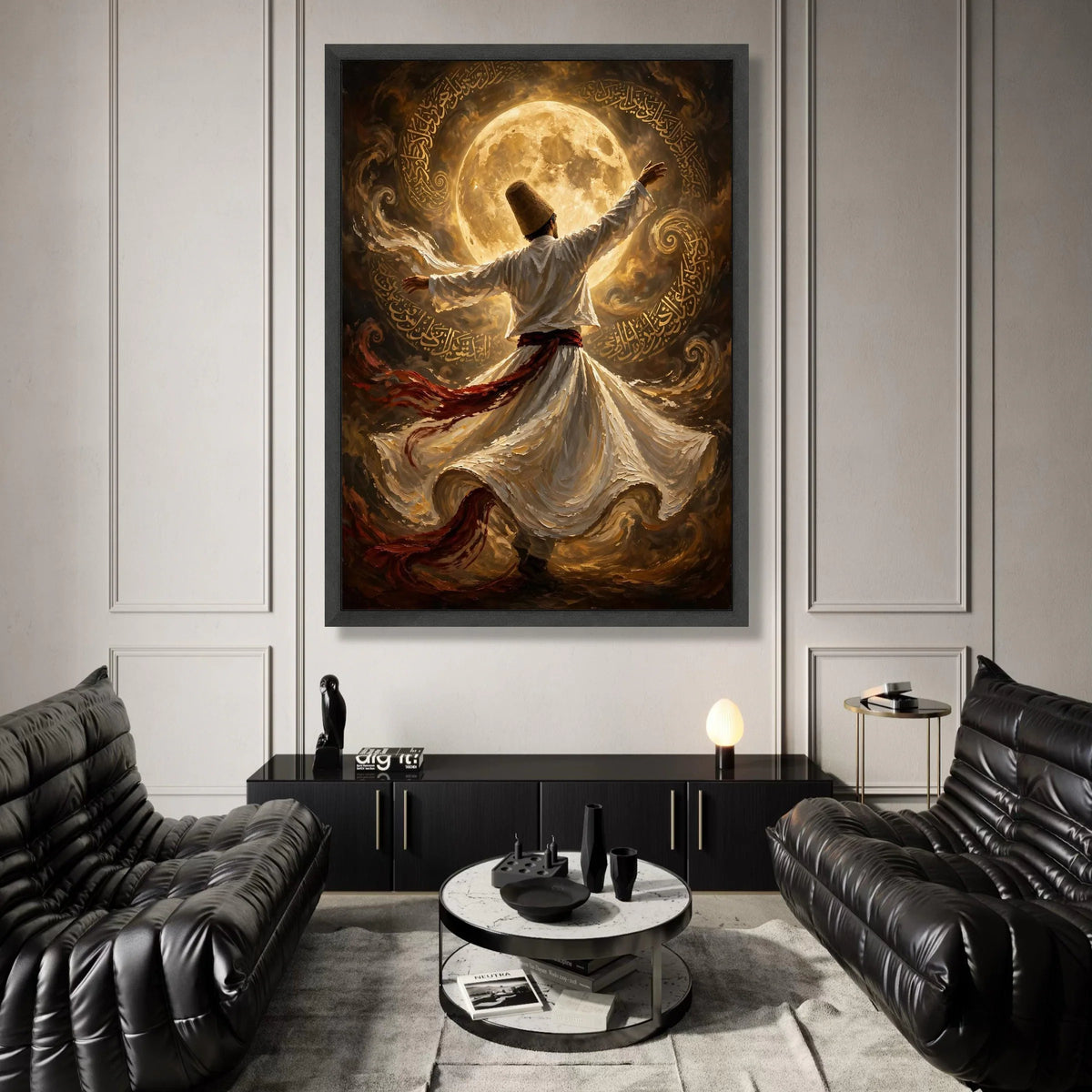Whirling Dervish Dance Canvas, Spiritual Sufi Art, Mystical Moonlight Scene, Islamic Calligraphy Wall Art, Ethereal Home Canvas Print Art
