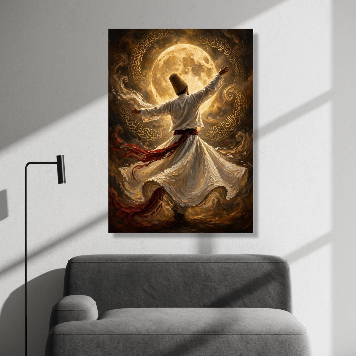 Whirling Dervish Dance Canvas, Spiritual Sufi Art, Mystical Moonlight Scene, Islamic Calligraphy Wall Art, Ethereal Home Canvas Print Art