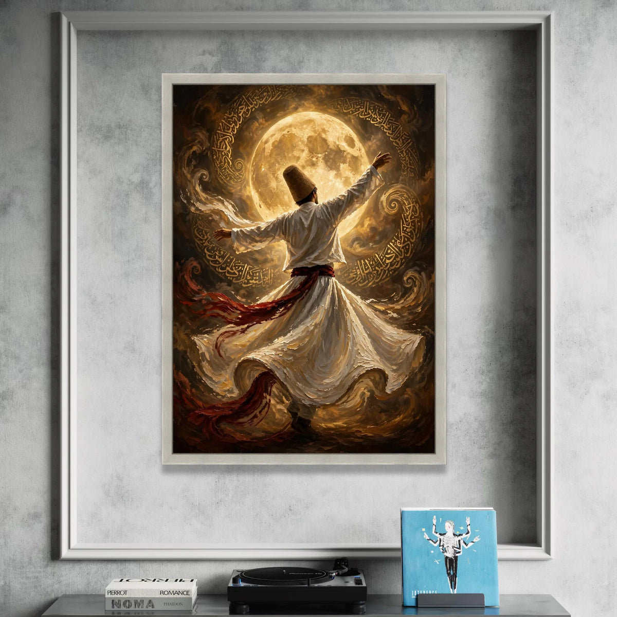 Whirling Dervish Dance Canvas, Spiritual Sufi Art, Mystical Moonlight Scene, Islamic Calligraphy Wall Art, Ethereal Home Canvas Print Art
