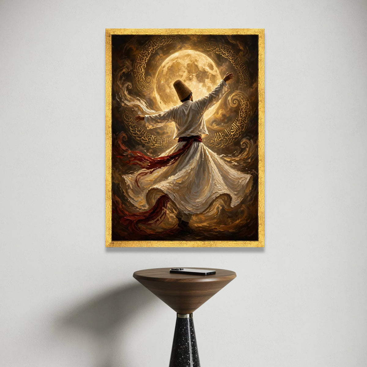 Whirling Dervish Dance Canvas, Spiritual Sufi Art, Mystical Moonlight Scene, Islamic Calligraphy Wall Art, Ethereal Home Canvas Print Art