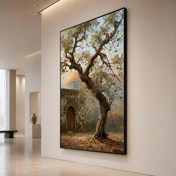 Ancient Olive Tree Canvas, Mediterranean Landscape Wall Art, Rustic Outdoor Scene, Historic Architecture Canvas, Autumn Canvas Print Art
