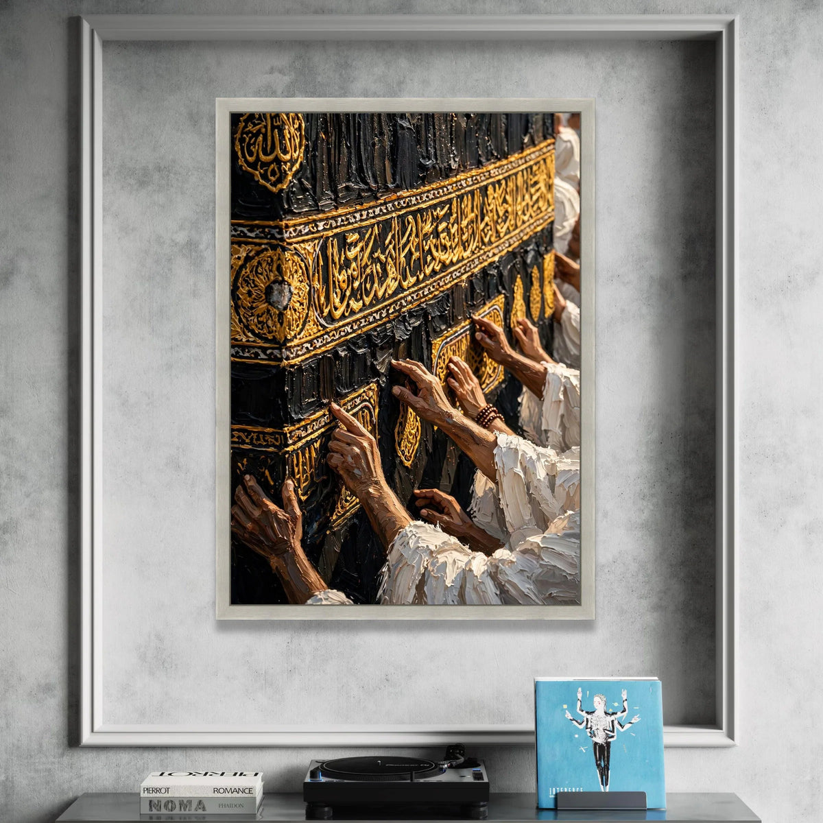 Devout Pilgrims Touching Kaaba Wall Canvas, Islamic Calligraphy Canvas Art, Sacred Spiritual Home Decor, Religious Prayer Canvas Print Art