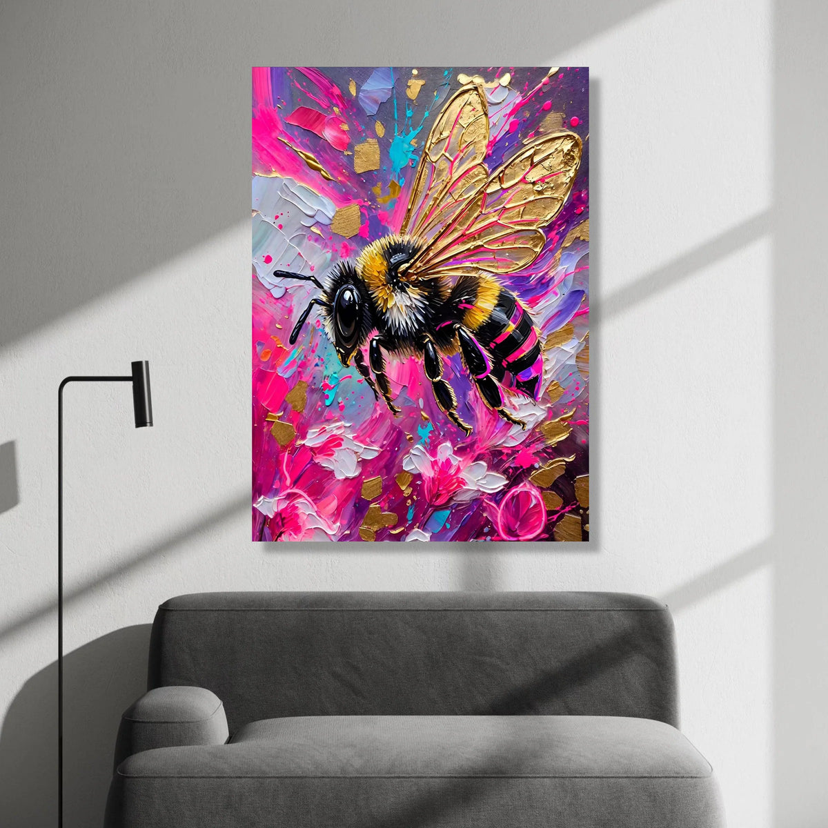 Vibrant Bumblebee Canvas Wall Art, Colorful Abstract Floral Background, Modern Nature Decoration, Bright Insect Print for Canvas Print Art