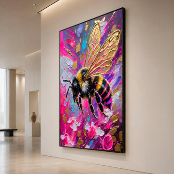 Vibrant Bumblebee Canvas Wall Art, Colorful Abstract Floral Background, Modern Nature Decoration, Bright Insect Print for Canvas Print Art