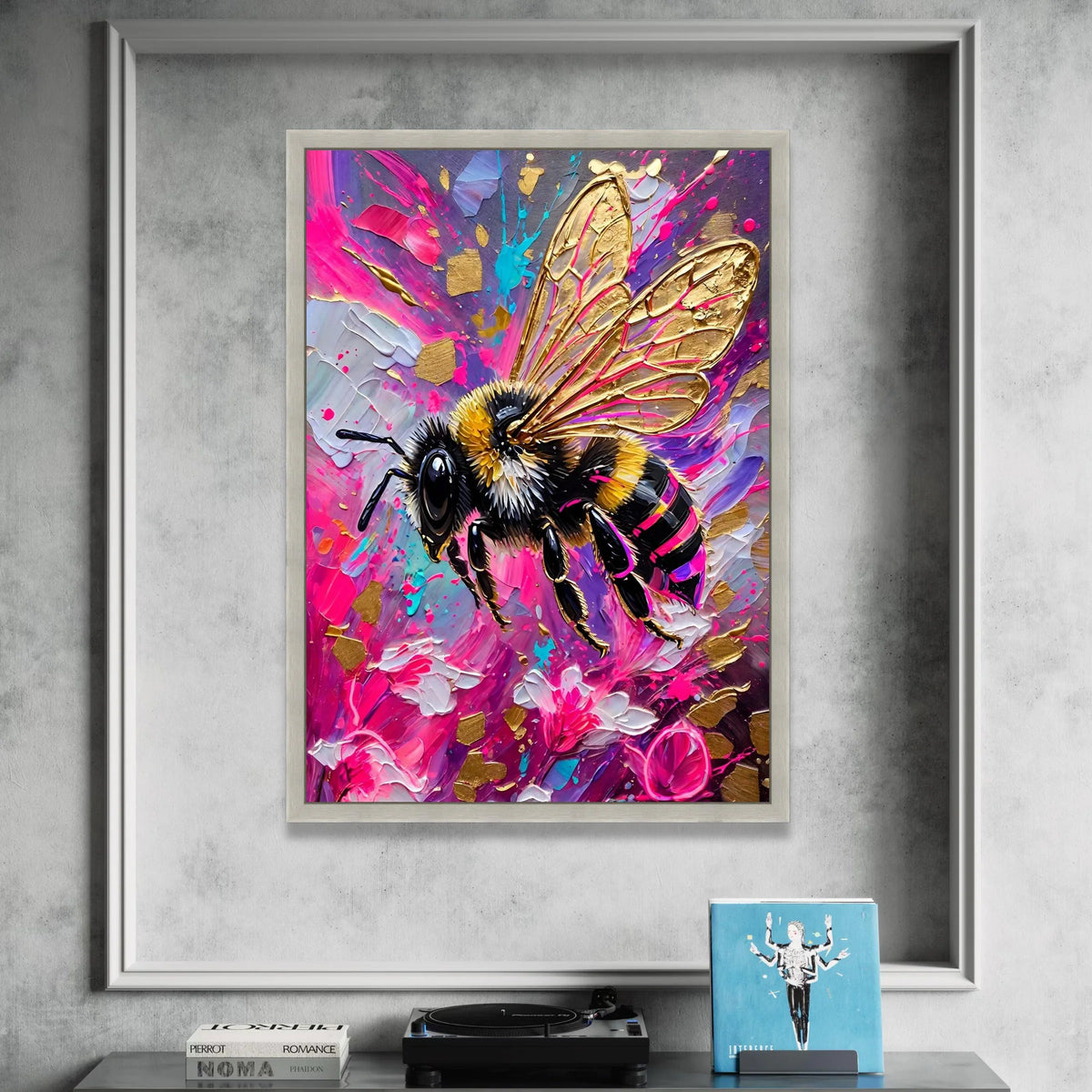 Vibrant Bumblebee Canvas Wall Art, Colorful Abstract Floral Background, Modern Nature Decoration, Bright Insect Print for Canvas Print Art