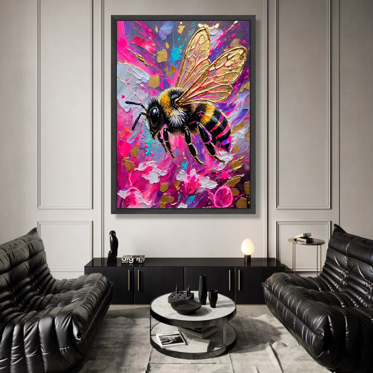 Vibrant Bumblebee Canvas Wall Art, Colorful Abstract Floral Background, Modern Nature Decoration, Bright Insect Print for Canvas Print Art