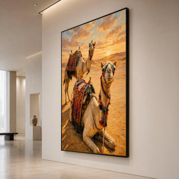 Desert Camels at Sunset Canvas, Middle Eastern Landscape Wall Art, Warm Sunset Canvas, Nomadic Life Decoration, Ready to Canvas Print Art
