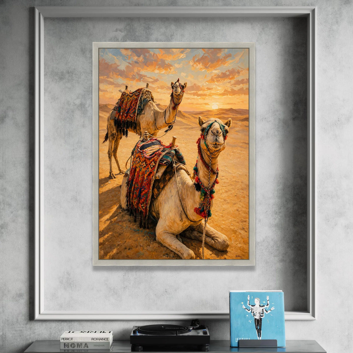 Desert Camels at Sunset Canvas, Middle Eastern Landscape Wall Art, Warm Sunset Canvas, Nomadic Life Decoration, Ready to Canvas Print Art