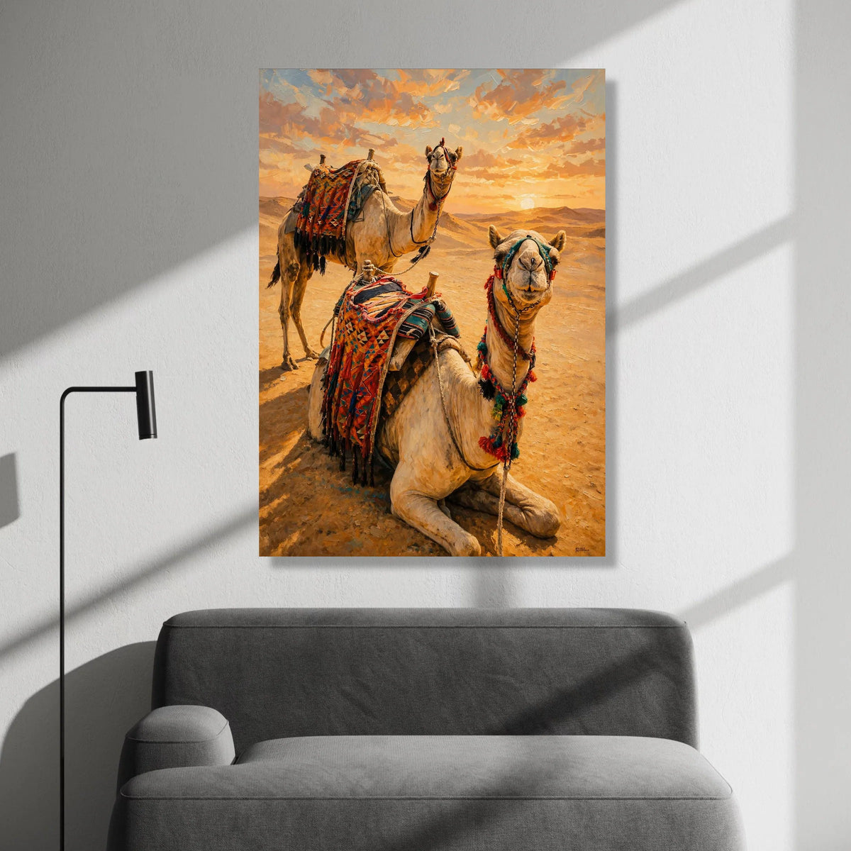 Desert Camels at Sunset Canvas, Middle Eastern Landscape Wall Art, Warm Sunset Canvas, Nomadic Life Decoration, Ready to Canvas Print Art