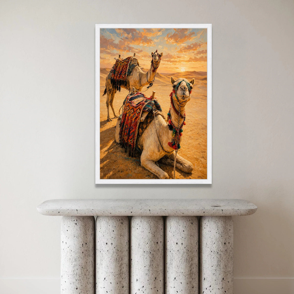 Desert Camels at Sunset Canvas, Middle Eastern Landscape Wall Art, Warm Sunset Canvas, Nomadic Life Decoration, Ready to Canvas Print Art