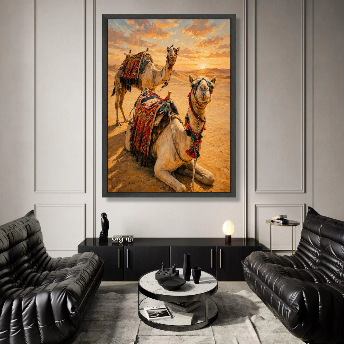Desert Camels at Sunset Canvas, Middle Eastern Landscape Wall Art, Warm Sunset Canvas, Nomadic Life Decoration, Ready to Canvas Print Art