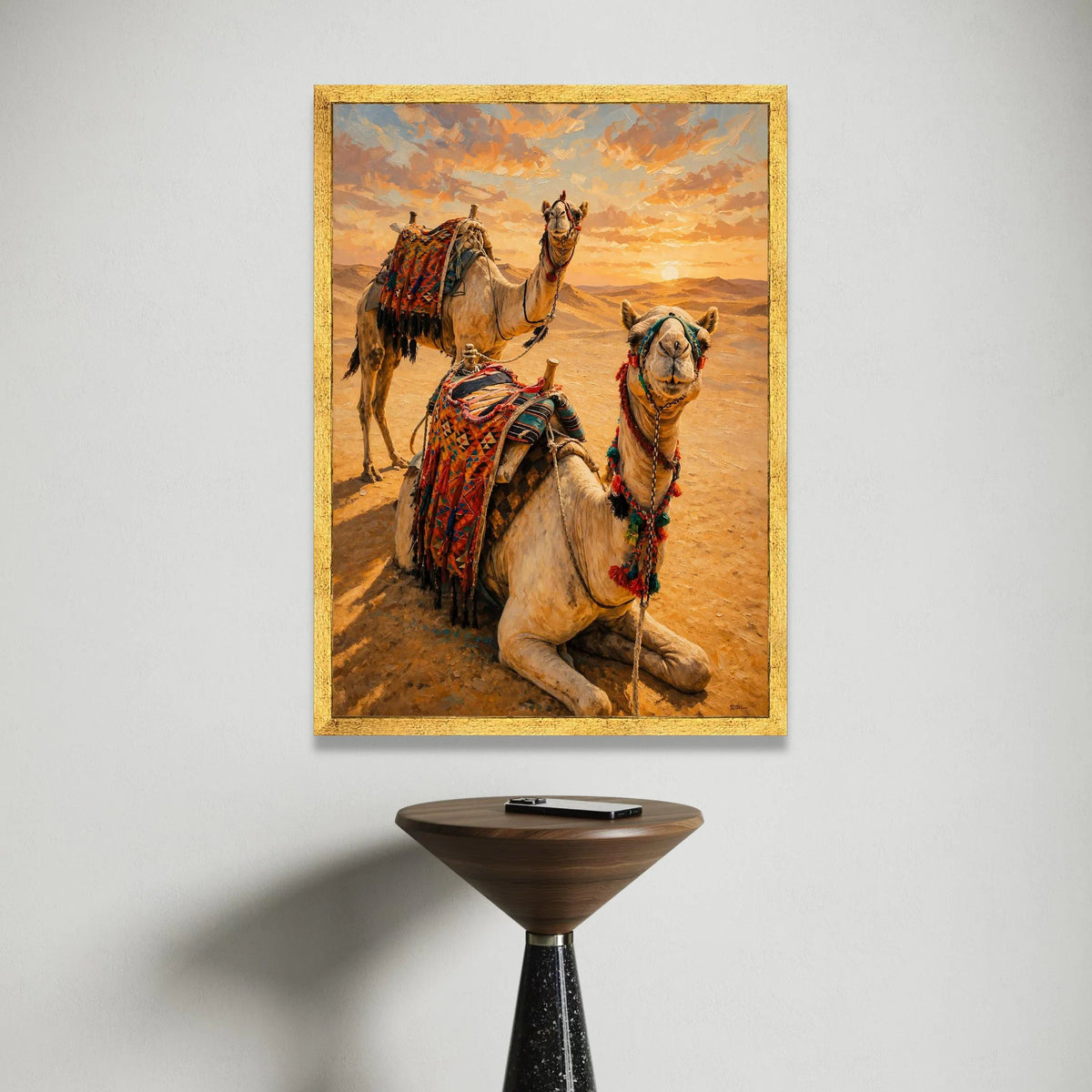 Desert Camels at Sunset Canvas, Middle Eastern Landscape Wall Art, Warm Sunset Canvas, Nomadic Life Decoration, Ready to Canvas Print Art