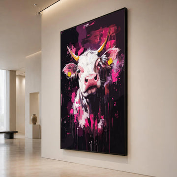 Bold Bull Portrait Canvas, Modern Animal Wall Art, Colorful Cow Design, Vibrant Pink Home Decoration, Contemporary Canvas Canvas Print Art