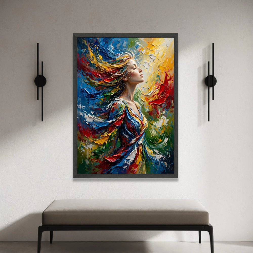Vibrant Woman Portrait Canvas, Colorful Abstract Hair Swirl, Dynamic Modern Wall Art, Expressive Female Figure Canvas, Home Canvas Print Art