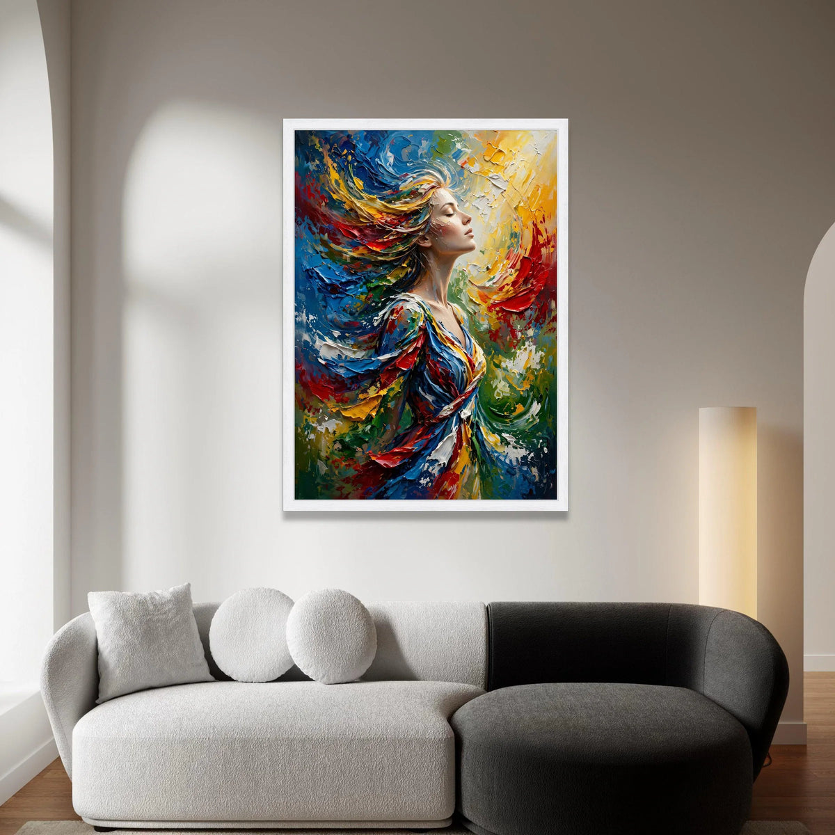Vibrant Woman Portrait Canvas, Colorful Abstract Hair Swirl, Dynamic Modern Wall Art, Expressive Female Figure Canvas, Home Canvas Print Art