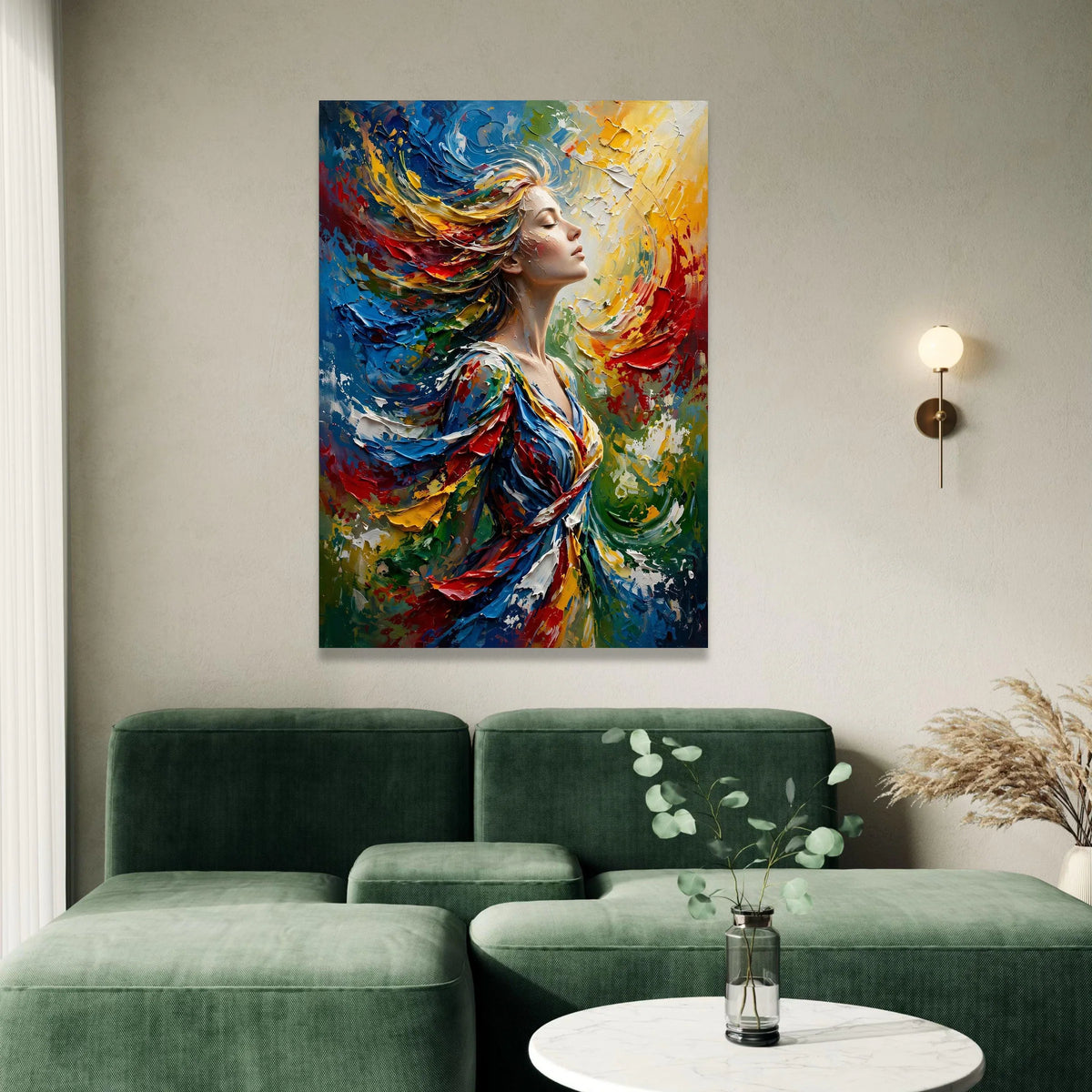 Vibrant Woman Portrait Canvas, Colorful Abstract Hair Swirl, Dynamic Modern Wall Art, Expressive Female Figure Canvas, Home Canvas Print Art