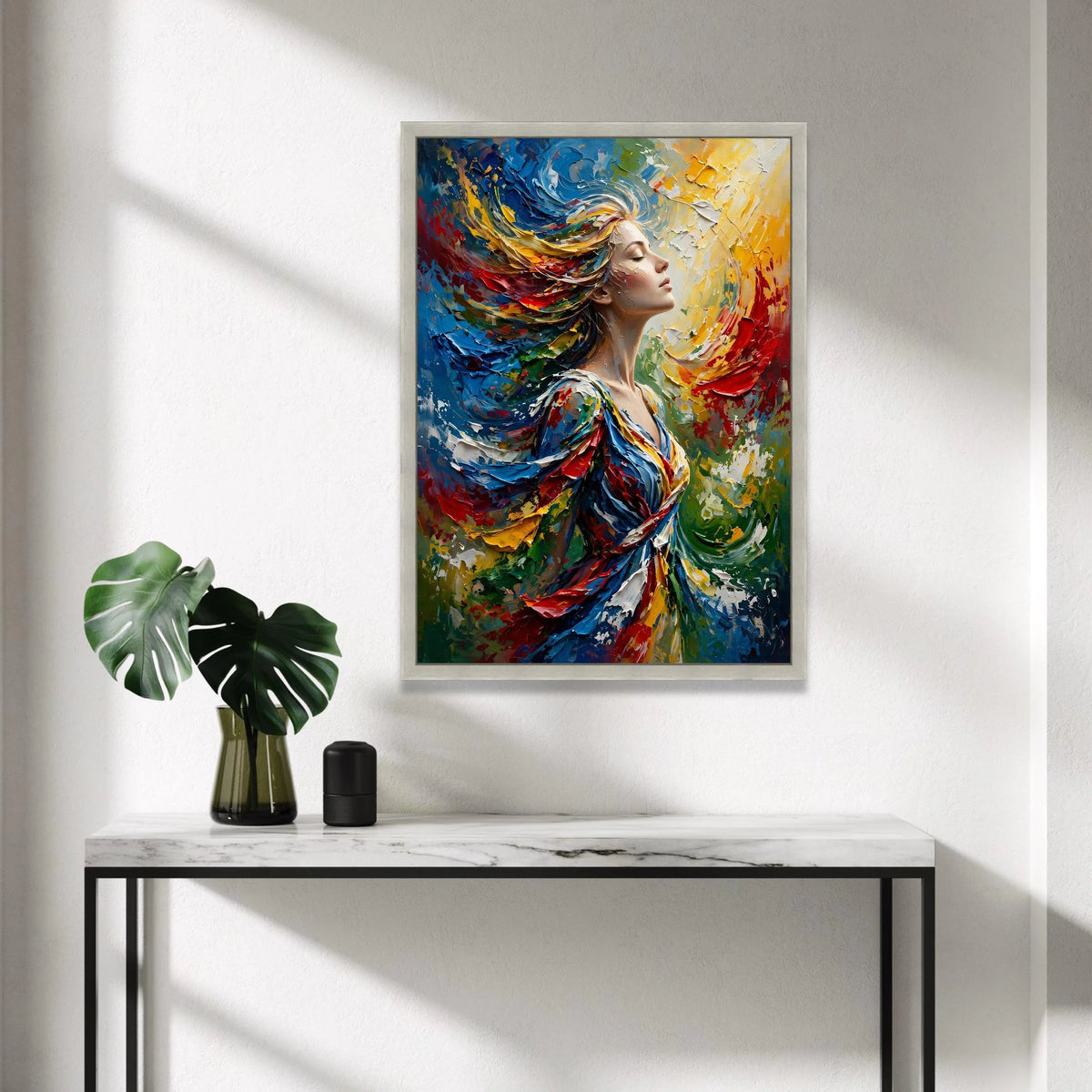 Vibrant Woman Portrait Canvas, Colorful Abstract Hair Swirl, Dynamic Modern Wall Art, Expressive Female Figure Canvas, Home Canvas Print Art