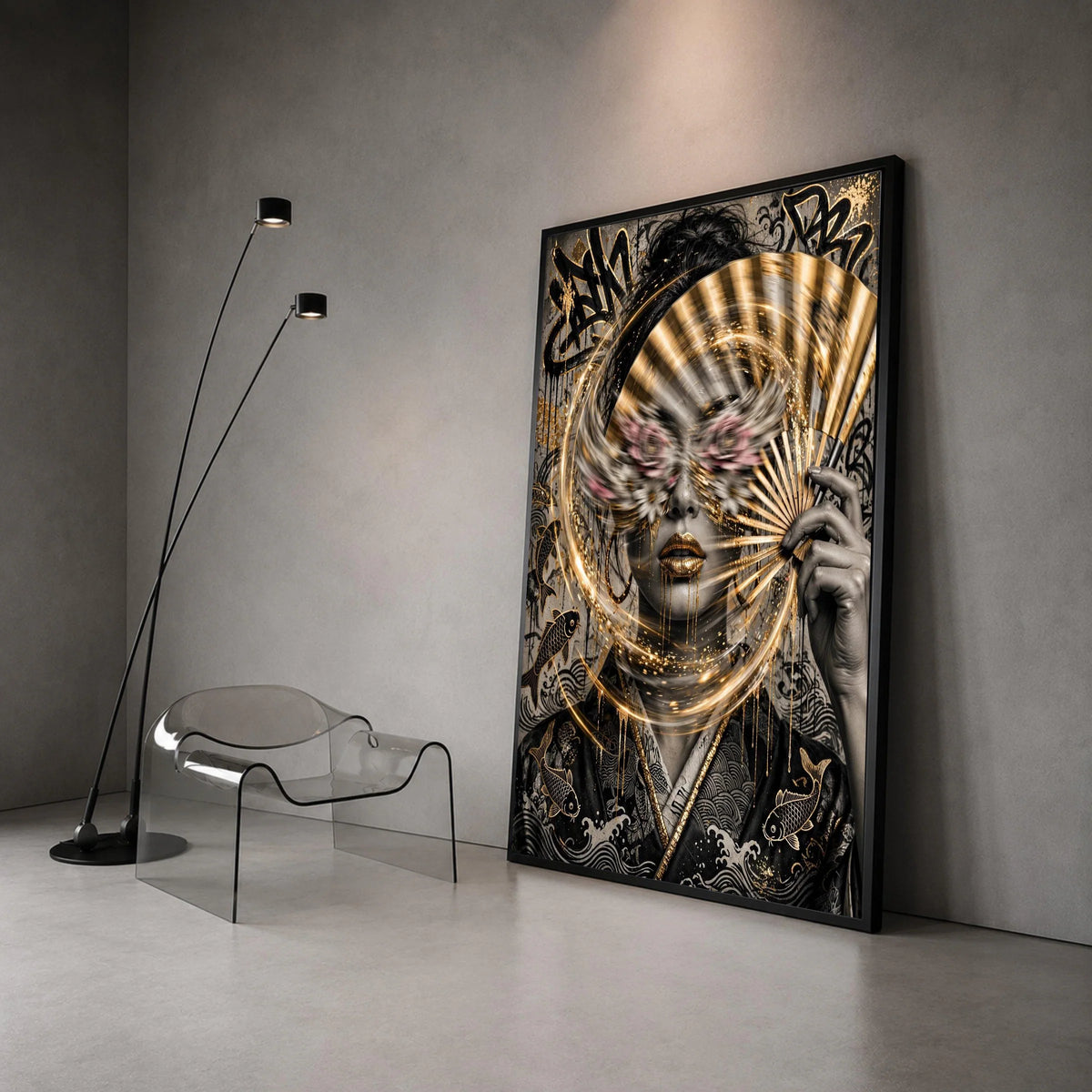 Japanese Samurai Geisha Art Canvas, Gold Fan Wall Decor, Abstract Koi Fish Illustration, Asian Culture Home Decoration, Canvas Print Art