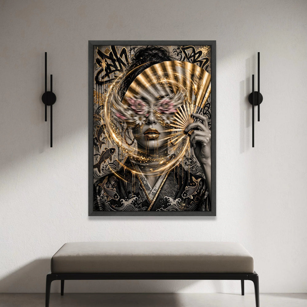Japanese Samurai Geisha Art Canvas, Gold Fan Wall Decor, Abstract Koi Fish Illustration, Asian Culture Home Decoration, Canvas Print Art