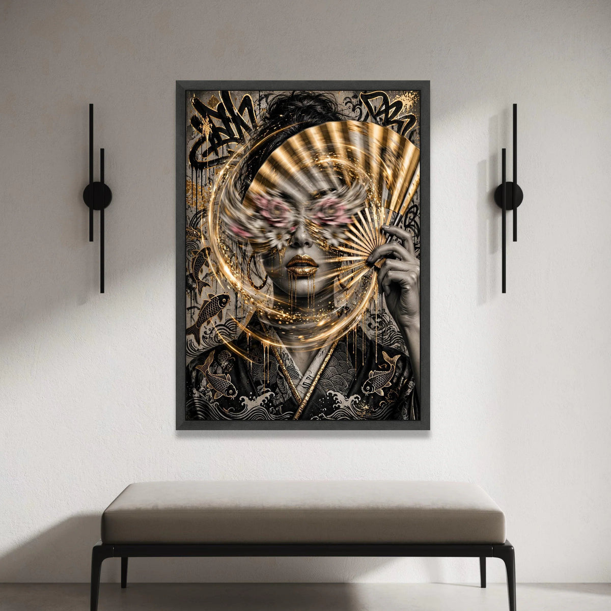 Japanese Samurai Geisha Art Canvas, Gold Fan Wall Decor, Abstract Koi Fish Illustration, Asian Culture Home Decoration, Canvas Print Art