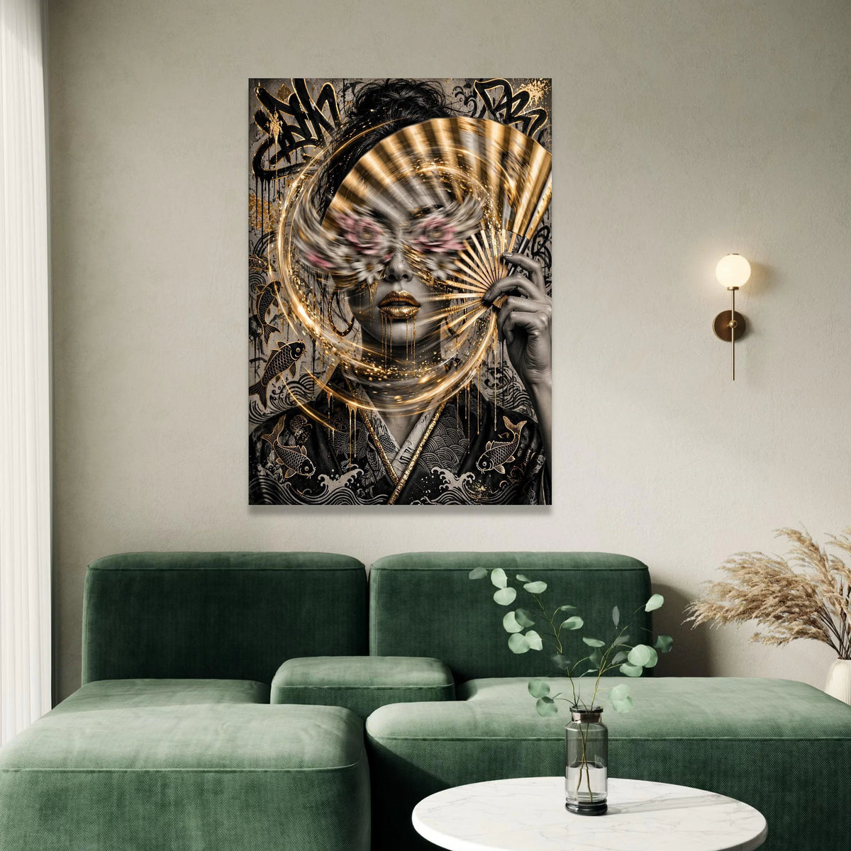 Japanese Samurai Geisha Art Canvas, Gold Fan Wall Decor, Abstract Koi Fish Illustration, Asian Culture Home Decoration, Canvas Print Art