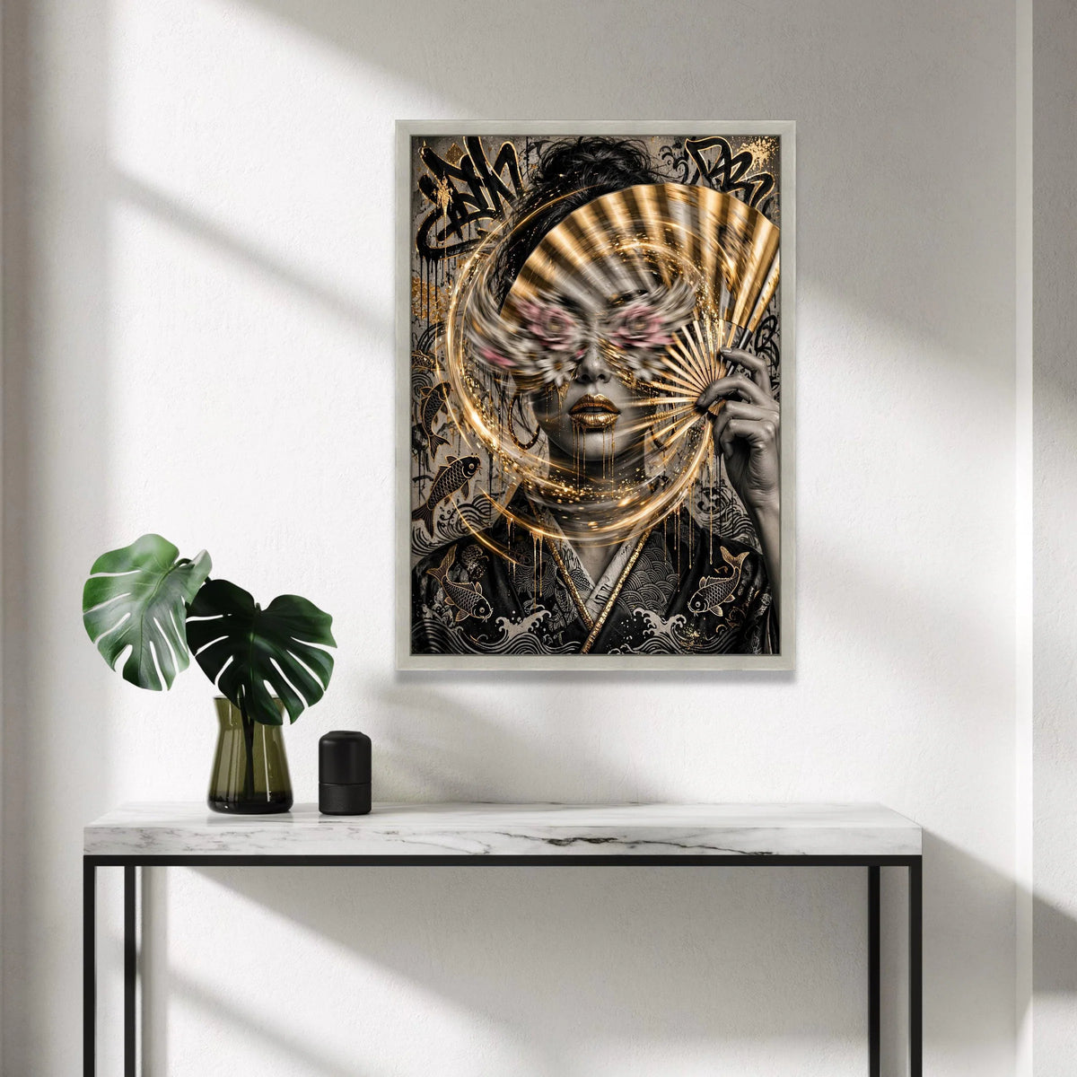 Japanese Samurai Geisha Art Canvas, Gold Fan Wall Decor, Abstract Koi Fish Illustration, Asian Culture Home Decoration, Canvas Print Art
