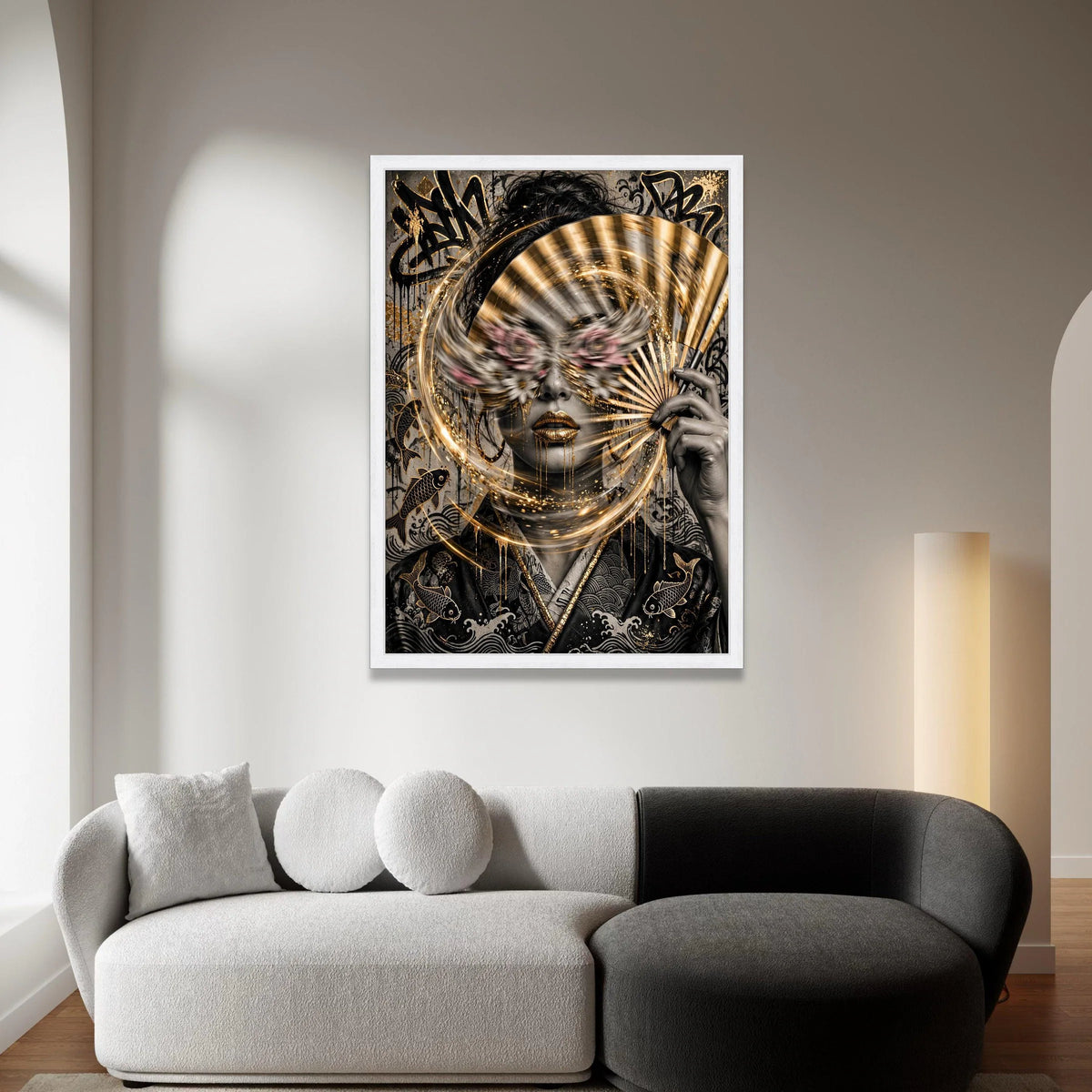 Japanese Samurai Geisha Art Canvas, Gold Fan Wall Decor, Abstract Koi Fish Illustration, Asian Culture Home Decoration, Canvas Print Art