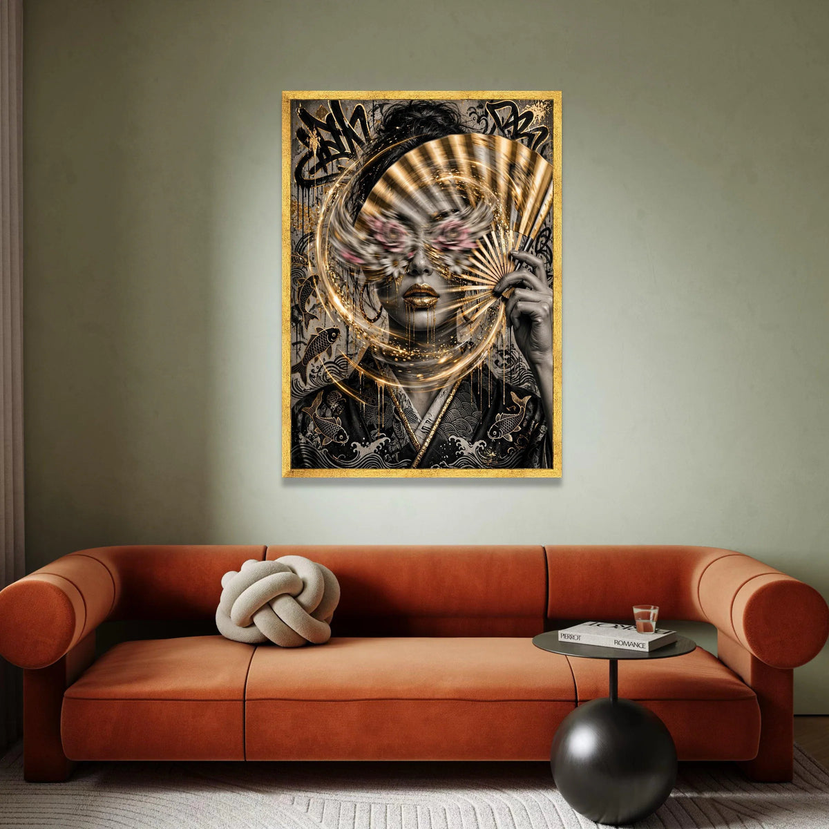 Japanese Samurai Geisha Art Canvas, Gold Fan Wall Decor, Abstract Koi Fish Illustration, Asian Culture Home Decoration, Canvas Print Art