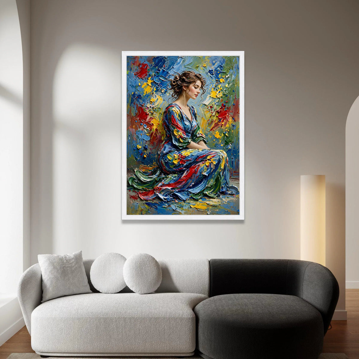 Elegant Woman Portrait Canvas, Colorful Dress Art, Abstract Floral Background, Contemporary Figurative Wall Art, Home Canvas Print Art