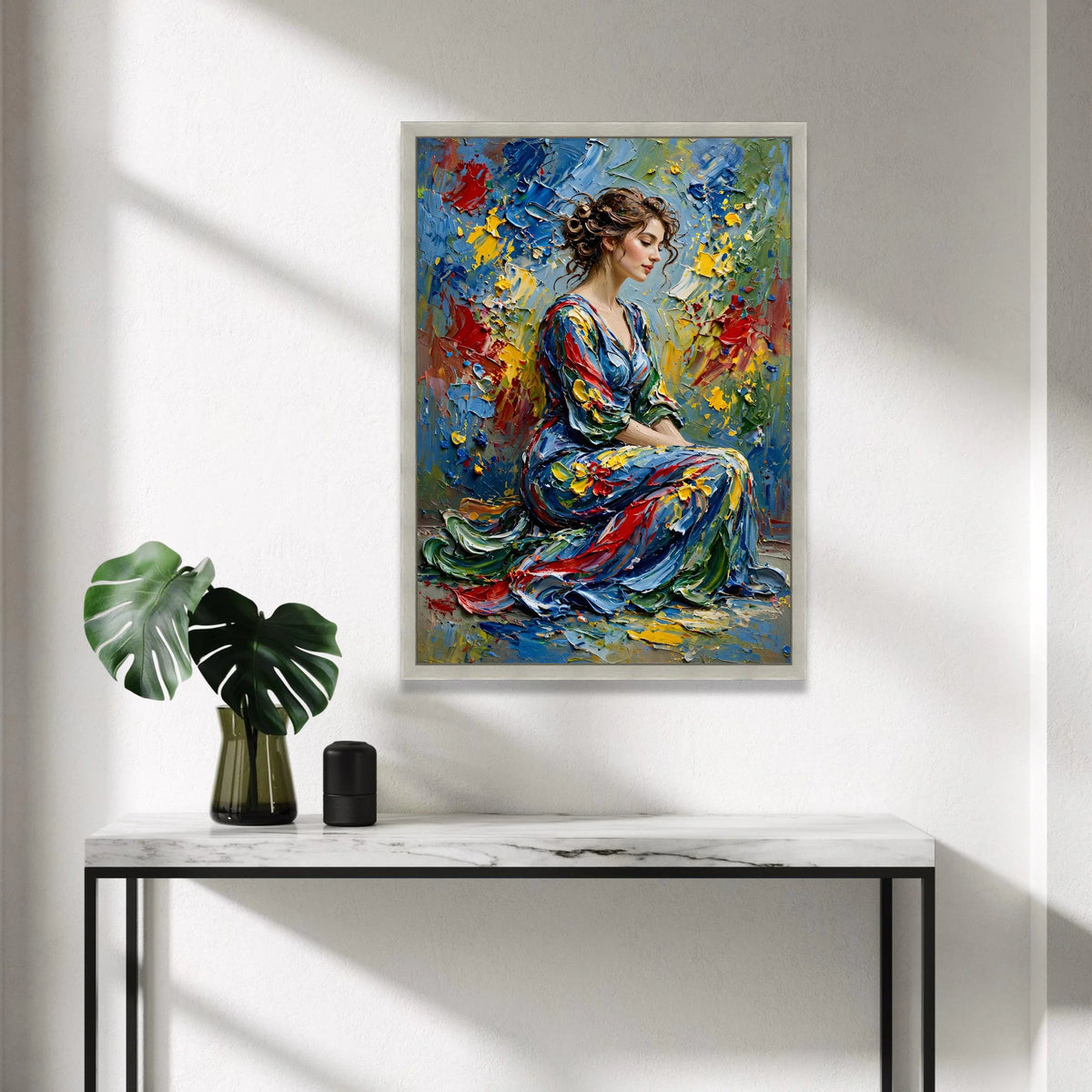 Elegant Woman Portrait Canvas, Colorful Dress Art, Abstract Floral Background, Contemporary Figurative Wall Art, Home Canvas Print Art