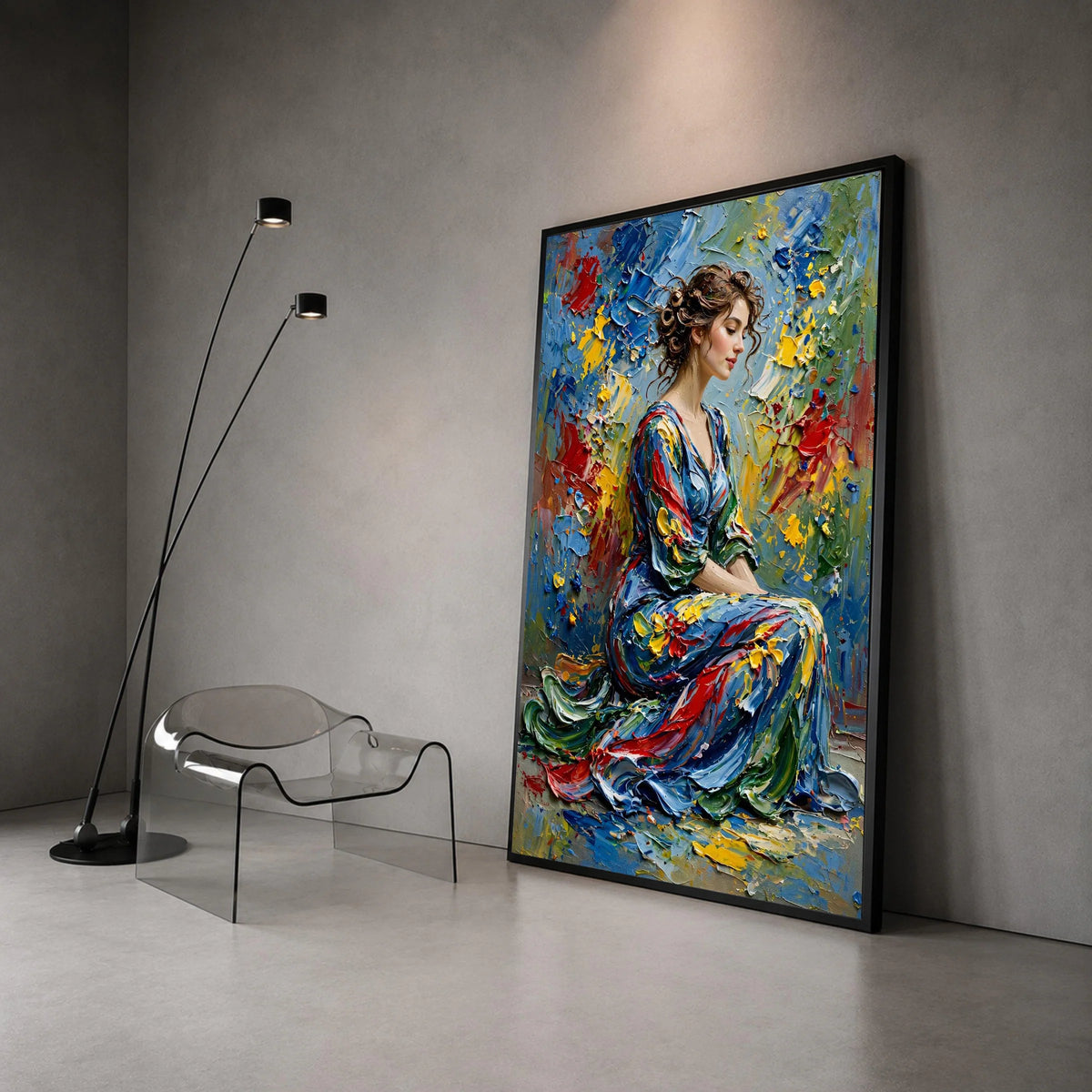 Elegant Woman Portrait Canvas, Colorful Dress Art, Abstract Floral Background, Contemporary Figurative Wall Art, Home Canvas Print Art