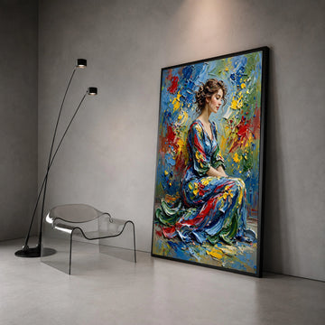 Elegant Woman Portrait Canvas, Colorful Dress Art, Abstract Floral Background, Contemporary Figurative Wall Art, Home Canvas Print Art