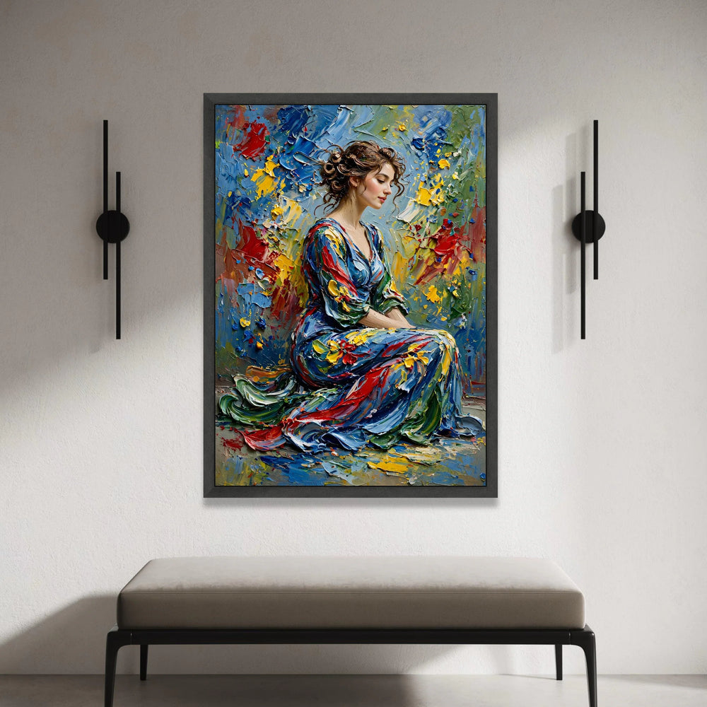 Elegant Woman Portrait Canvas, Colorful Dress Art, Abstract Floral Background, Contemporary Figurative Wall Art, Home Canvas Print Art