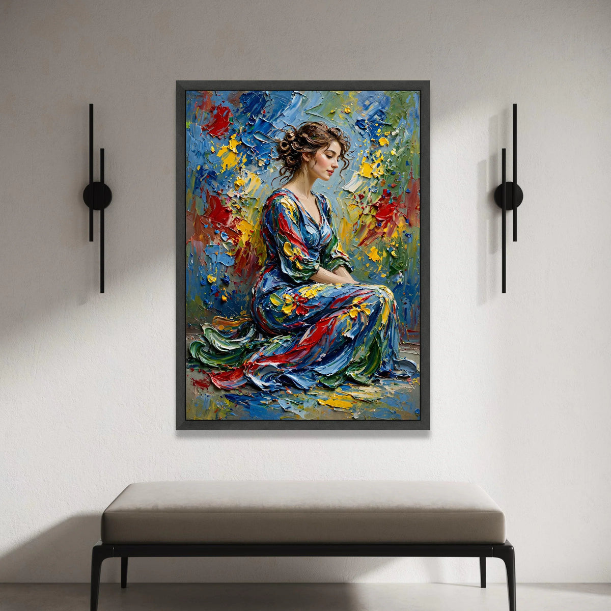 Elegant Woman Portrait Canvas, Colorful Dress Art, Abstract Floral Background, Contemporary Figurative Wall Art, Home Canvas Print Art
