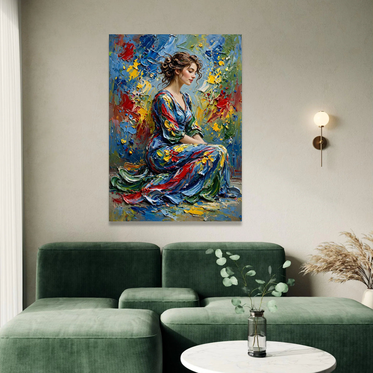 Elegant Woman Portrait Canvas, Colorful Dress Art, Abstract Floral Background, Contemporary Figurative Wall Art, Home Canvas Print Art