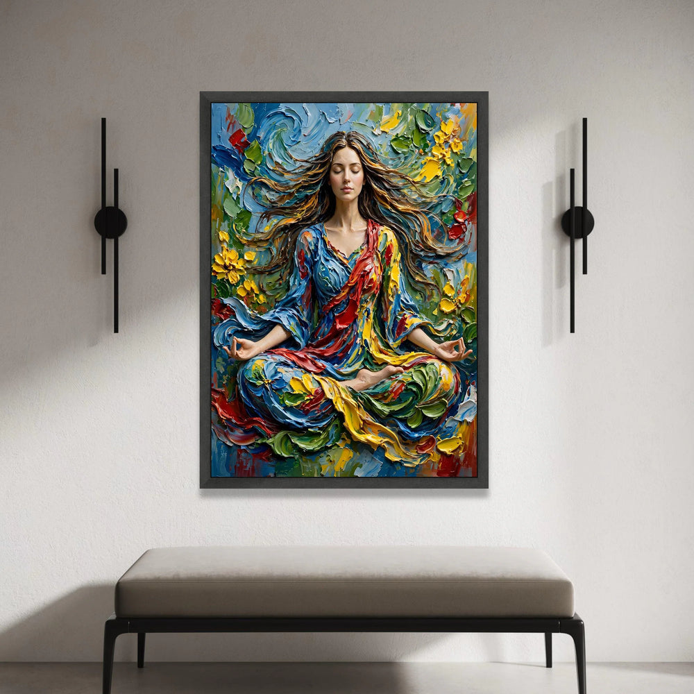 Peaceful Meditation Woman Canvas, Colorful Flowing Dress Wall Art, Spiritual Yoga Pose Canvas, Vibrant Floral Abstract Canvas Print Art