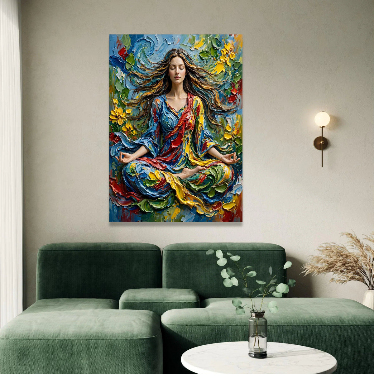 Peaceful Meditation Woman Canvas, Colorful Flowing Dress Wall Art, Spiritual Yoga Pose Canvas, Vibrant Floral Abstract Canvas Print Art