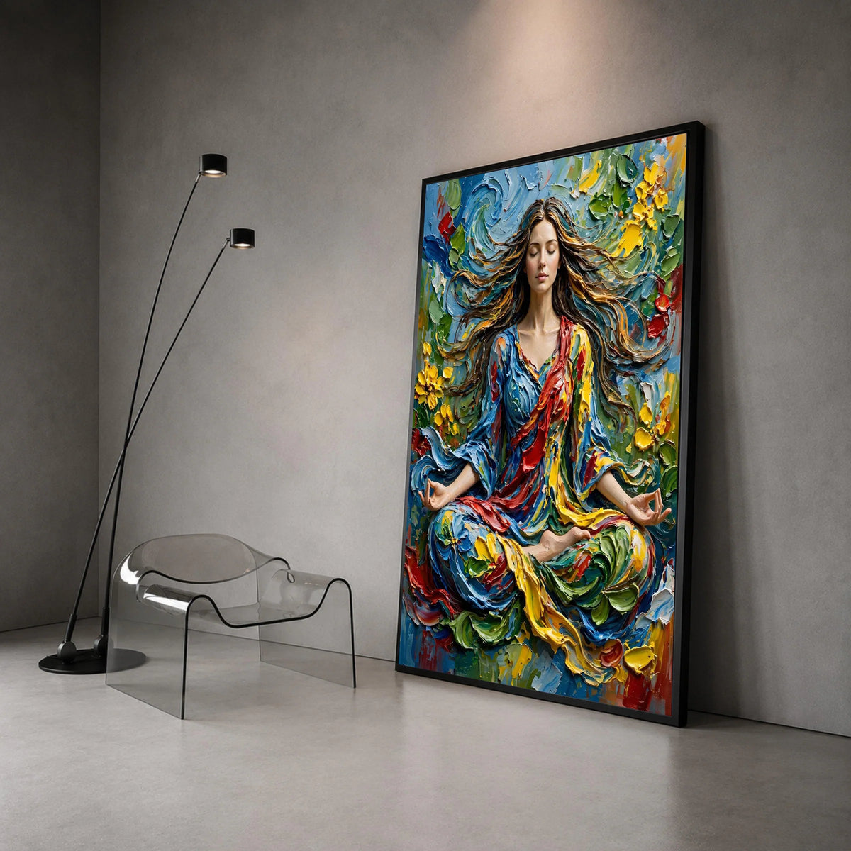 Peaceful Meditation Woman Canvas, Colorful Flowing Dress Wall Art, Spiritual Yoga Pose Canvas, Vibrant Floral Abstract Canvas Print Art