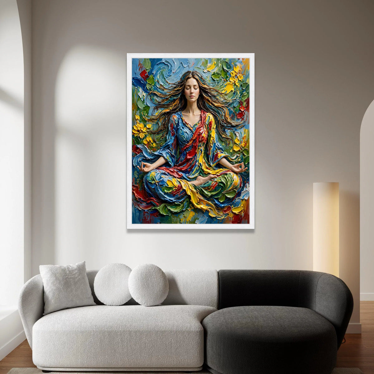 Peaceful Meditation Woman Canvas, Colorful Flowing Dress Wall Art, Spiritual Yoga Pose Canvas, Vibrant Floral Abstract Canvas Print Art