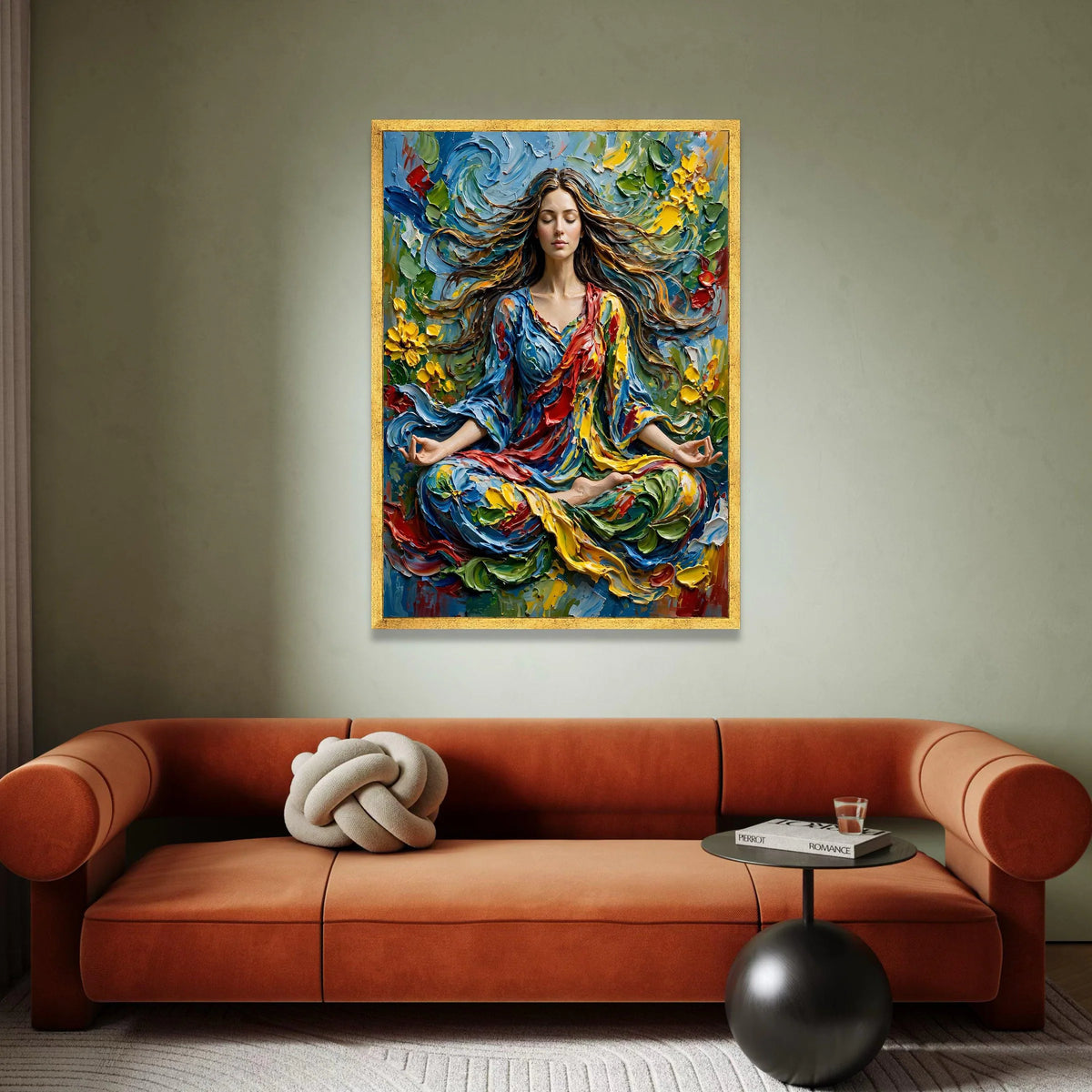 Peaceful Meditation Woman Canvas, Colorful Flowing Dress Wall Art, Spiritual Yoga Pose Canvas, Vibrant Floral Abstract Canvas Print Art