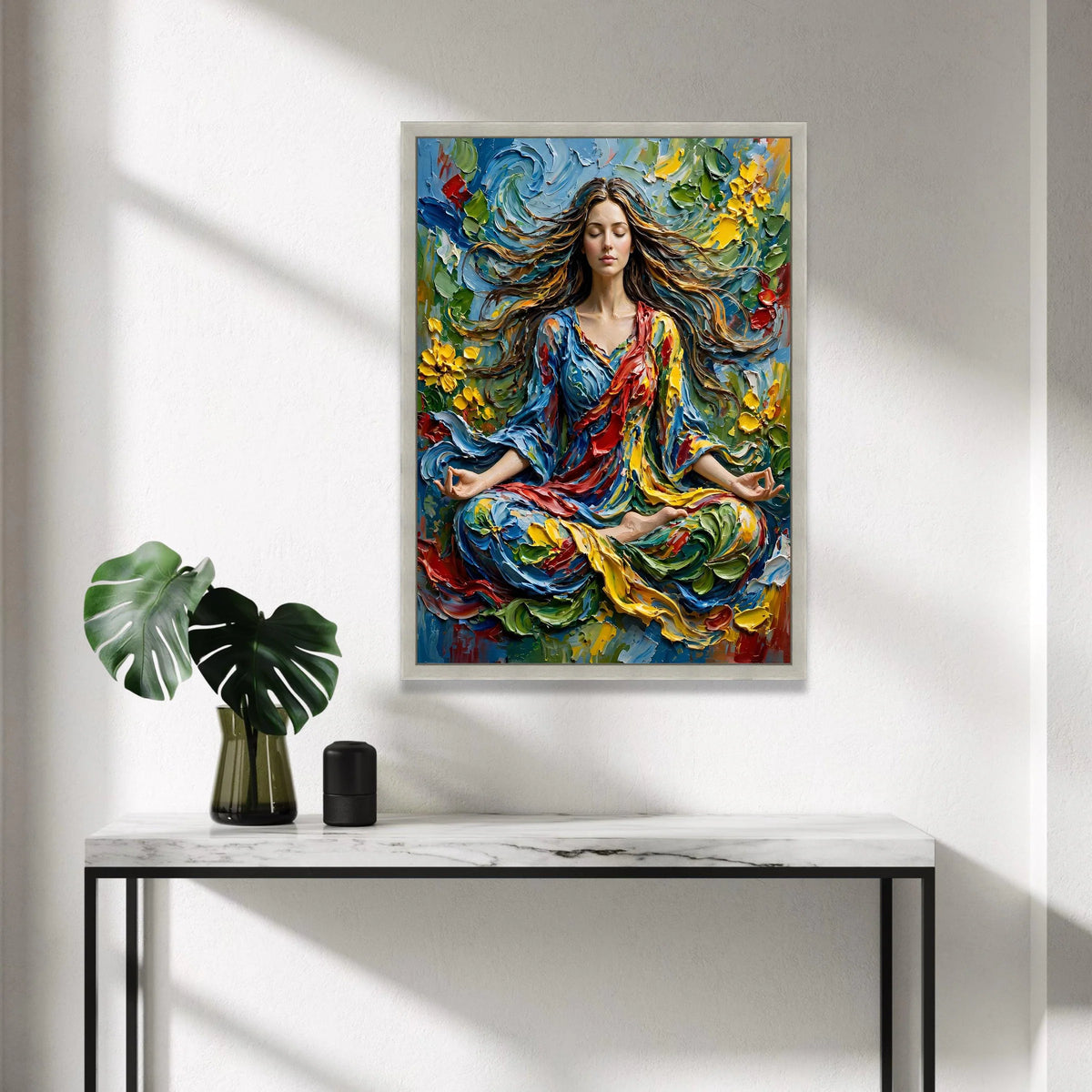 Peaceful Meditation Woman Canvas, Colorful Flowing Dress Wall Art, Spiritual Yoga Pose Canvas, Vibrant Floral Abstract Canvas Print Art