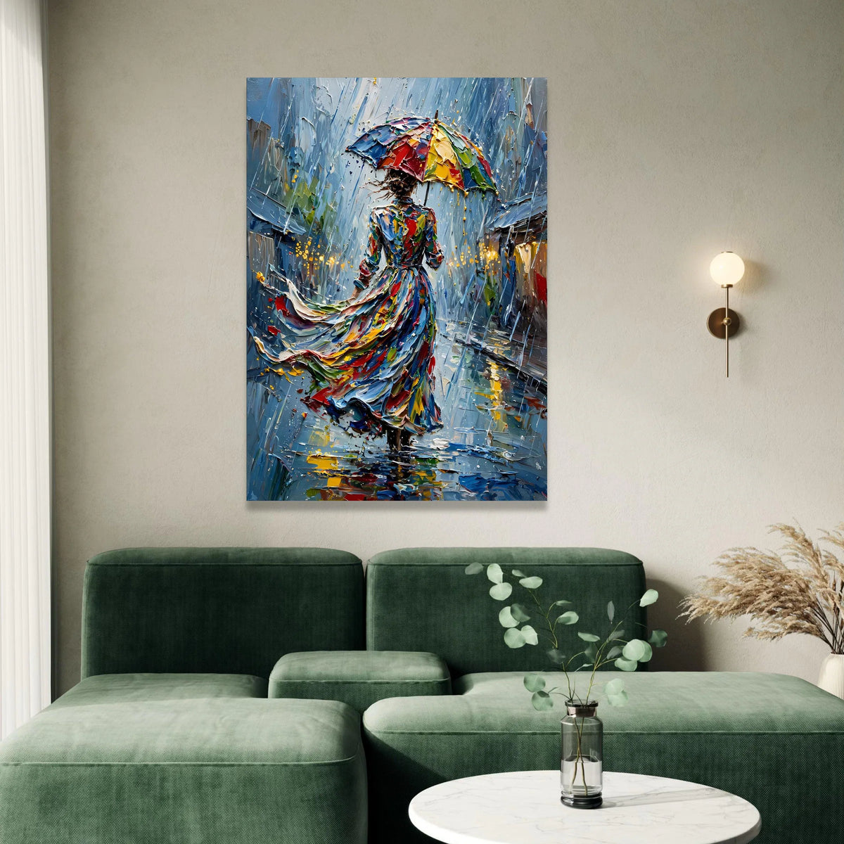 Woman with Colorful Umbrella Canvas, Rainy Day Cityscape Art, Vibrant Abstract Wall Art, Modern Impressionist Painting, Canvas Print Art