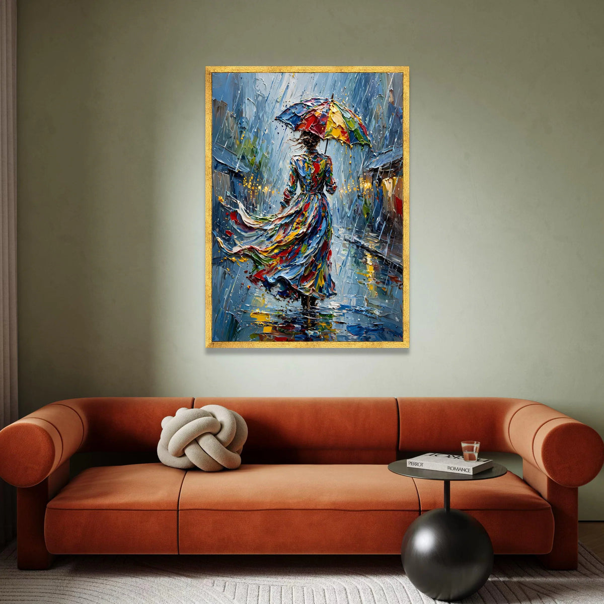Woman with Colorful Umbrella Canvas, Rainy Day Cityscape Art, Vibrant Abstract Wall Art, Modern Impressionist Painting, Canvas Print Art