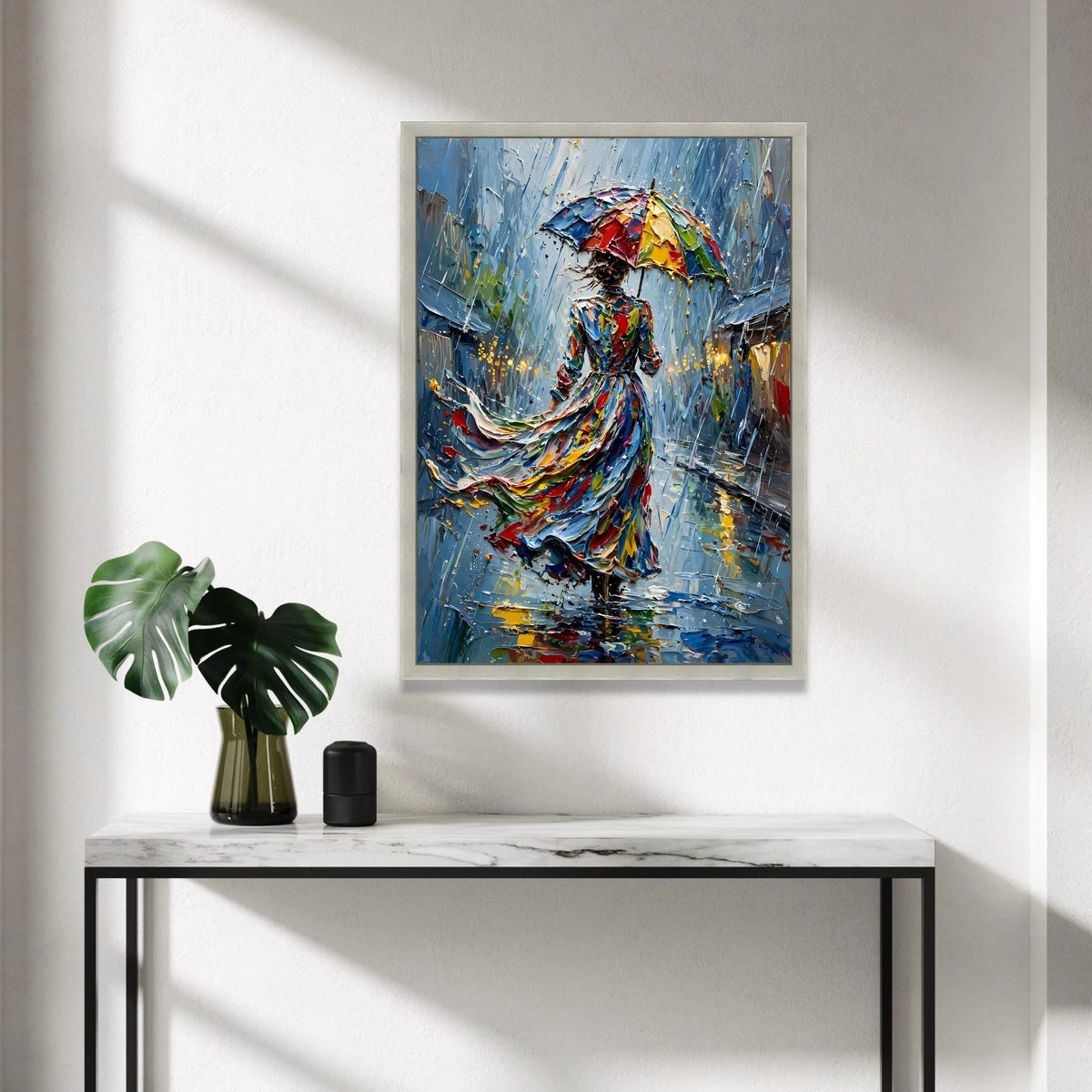 Woman with Colorful Umbrella Canvas, Rainy Day Cityscape Art, Vibrant Abstract Wall Art, Modern Impressionist Painting, Canvas Print Art